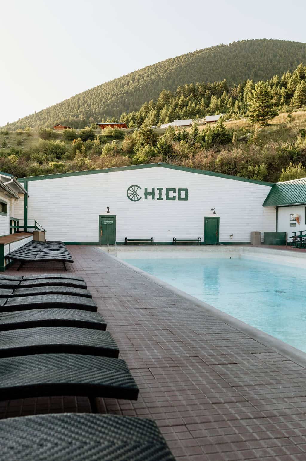 Open-air soaking pool at Chico Hot Springs Resort in Pray, Montana
