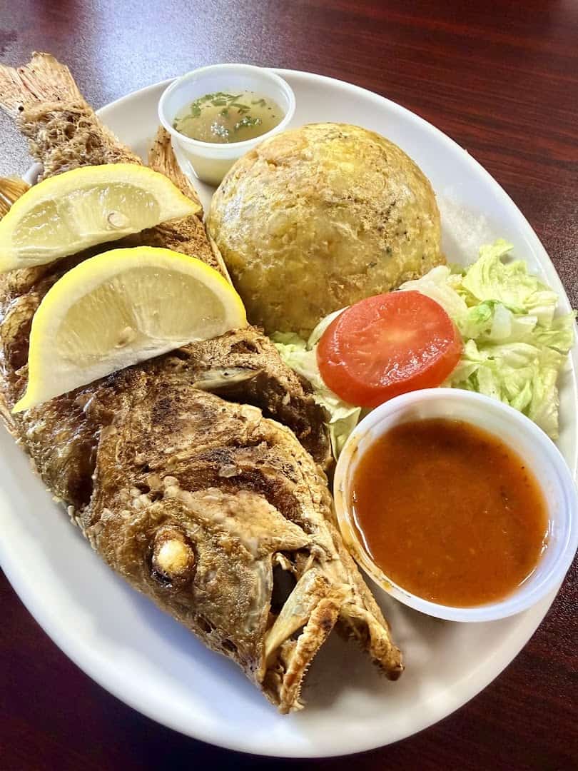 Whole fried red snapper with tostones at El Flamboyan in Wylie, Texas
