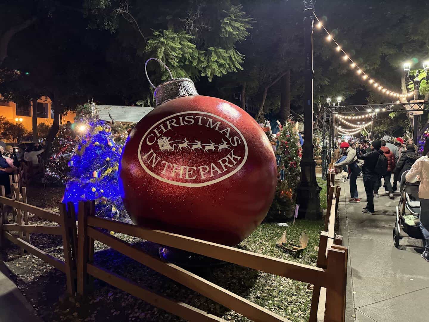 Illuminated Christmas in the Park ornament at night in downtown San Jose, California
