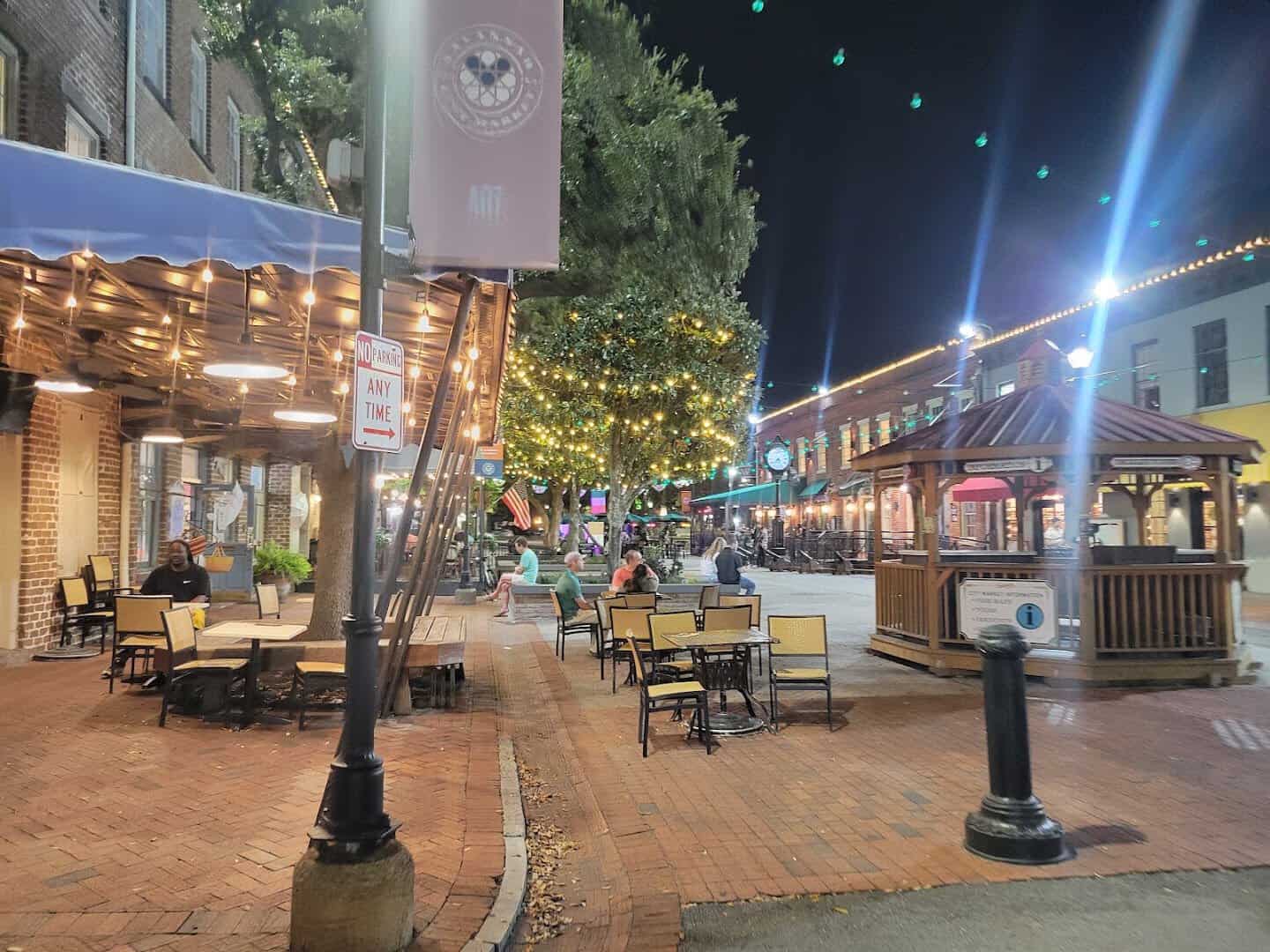 String lights over the dining patios of City Market in Savannah, Georgia