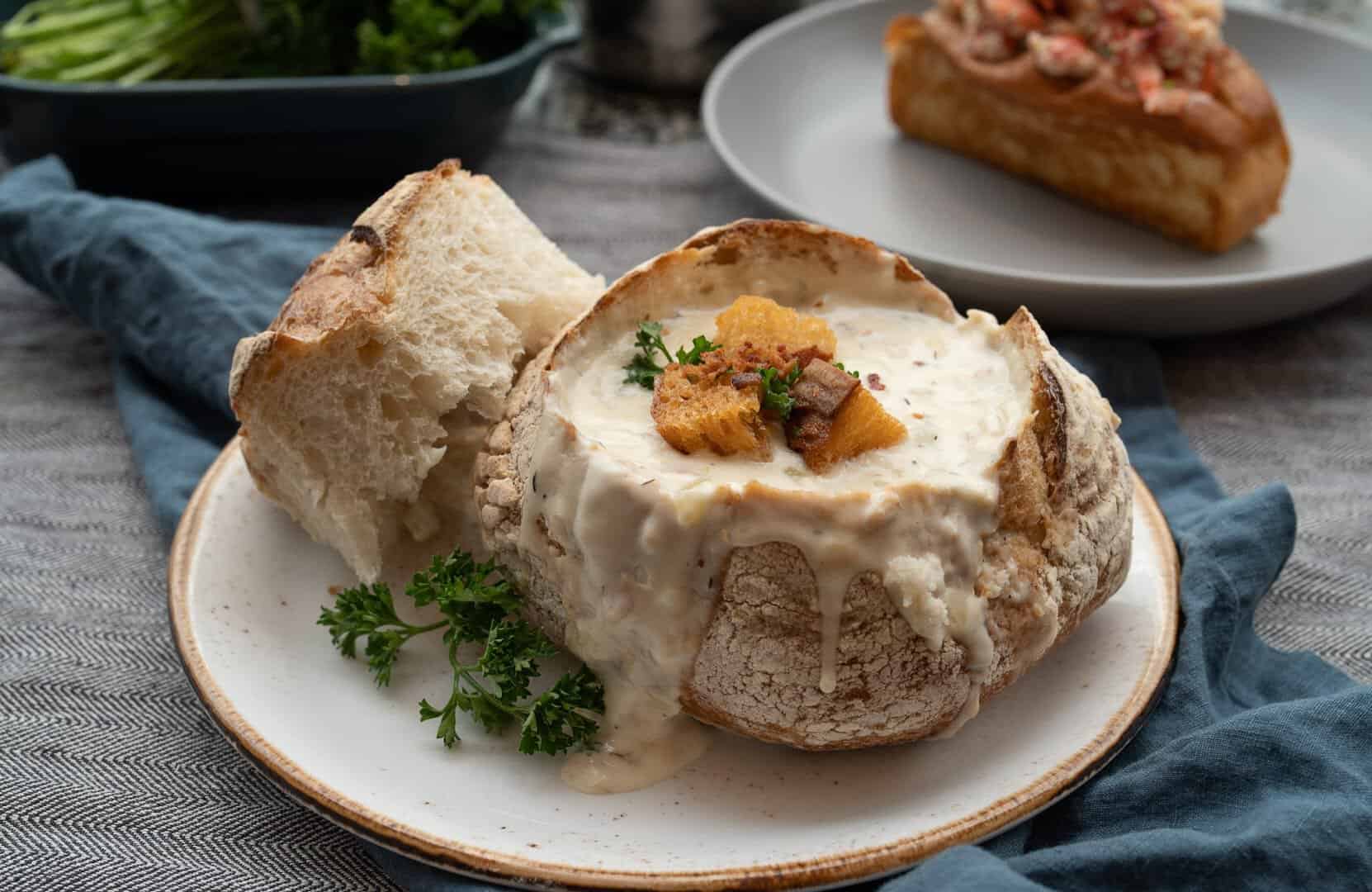 clam chowder in a sourdough bread bowl at Pike Place Chowder in Seattle