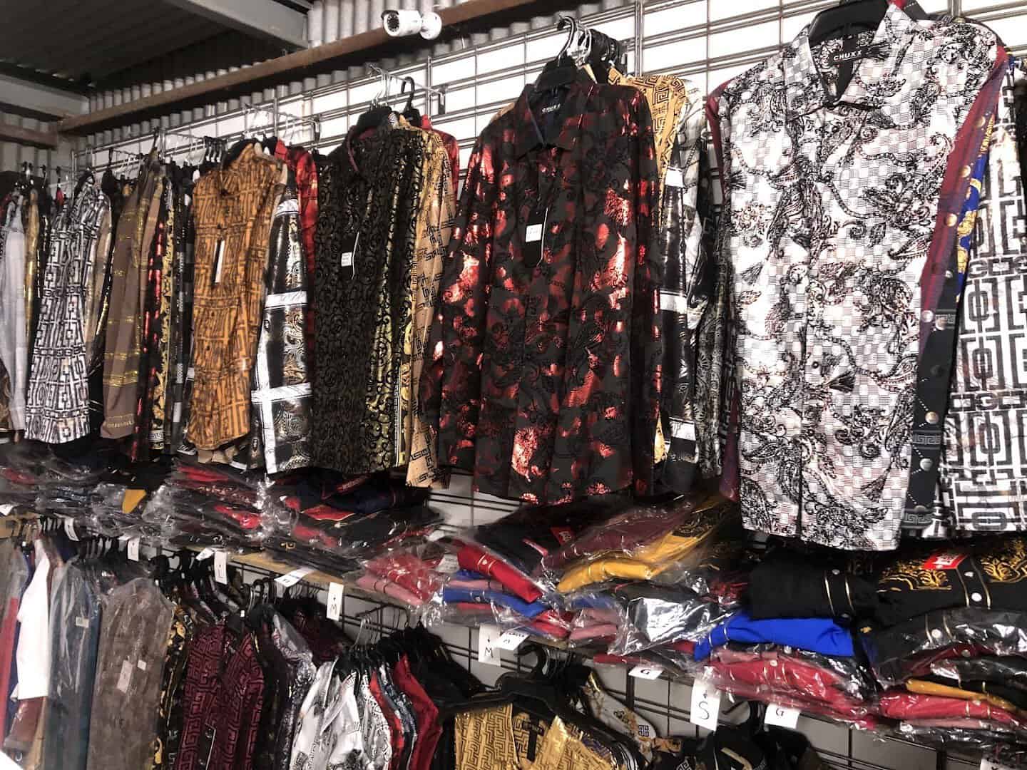 Racks of dresses and clothing at 77 Flea Market in Brownsville, Texas