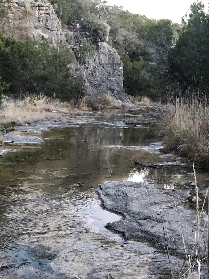 A limestone bluff rising above a winter creek bed at Colorado Bend State Park
