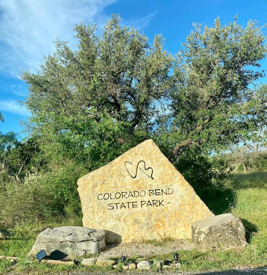 The Colorado Bend State Park entrance sign near Bend, Texas
