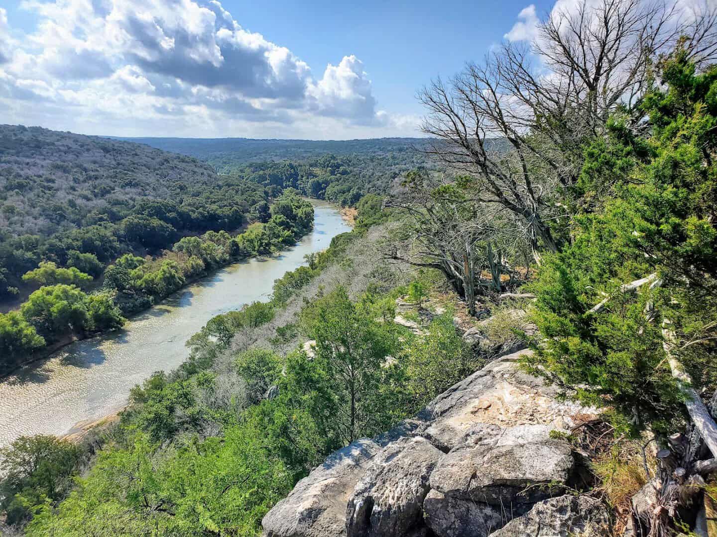 The Colorado River winding through the limestone canyon at Colorado Bend State Park