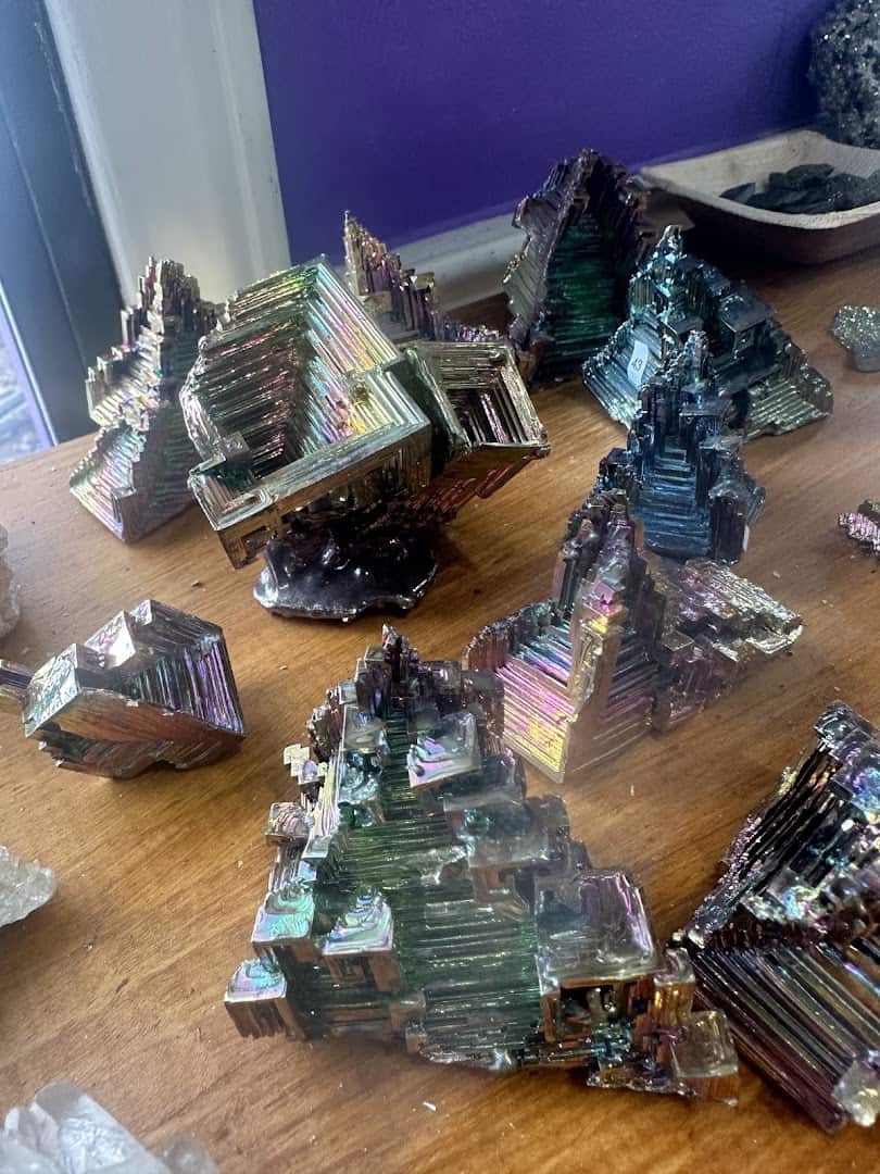 Colorful rainbow bismuth and mineral specimens at Shiny Things For Shiny People in Austin