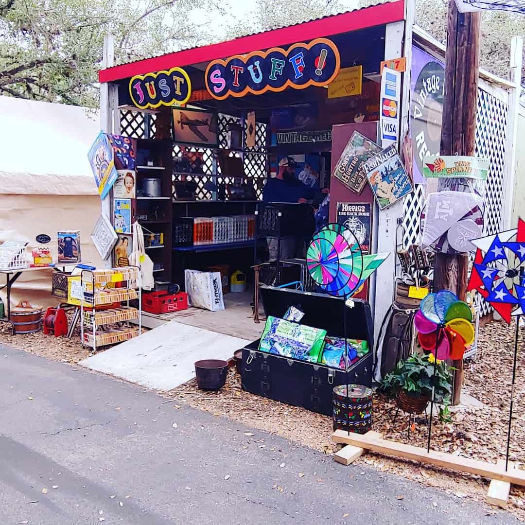 Bright eclectic vendor booth at Wimberley Market Days