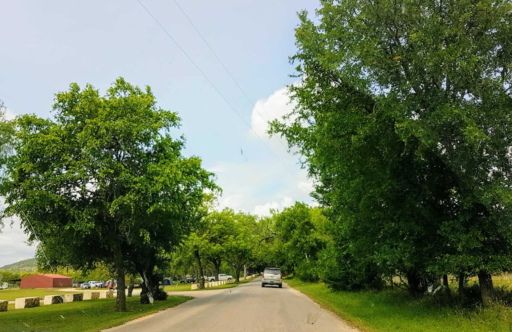 A tree-lined road through the small town of Concan, Texas