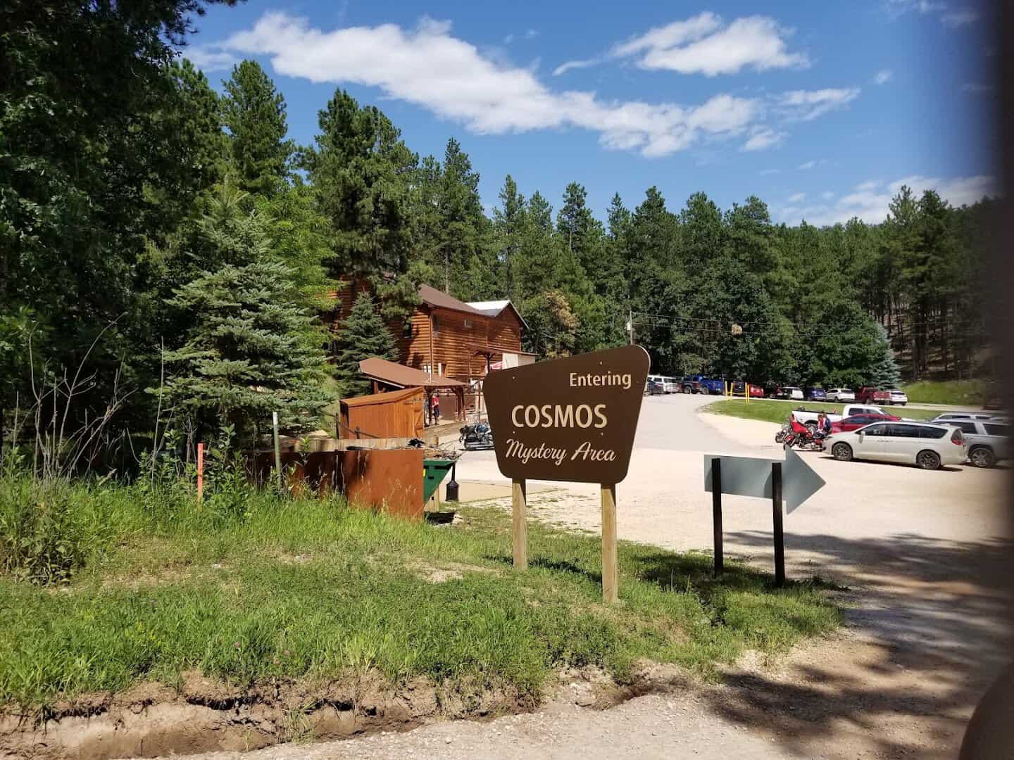 Entering the Cosmos Mystery Area sign in the Black Hills near Rapid City, South Dakota
