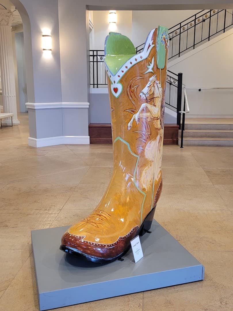 Large decorated art boot sculpture at the National Cowgirl Museum in Fort Worth