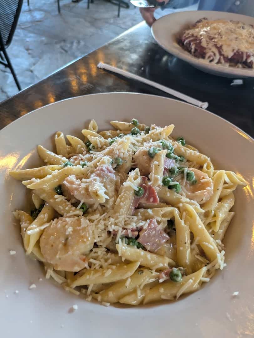 Creamy penne with shrimp and peas at Roman Cucina in Dallas