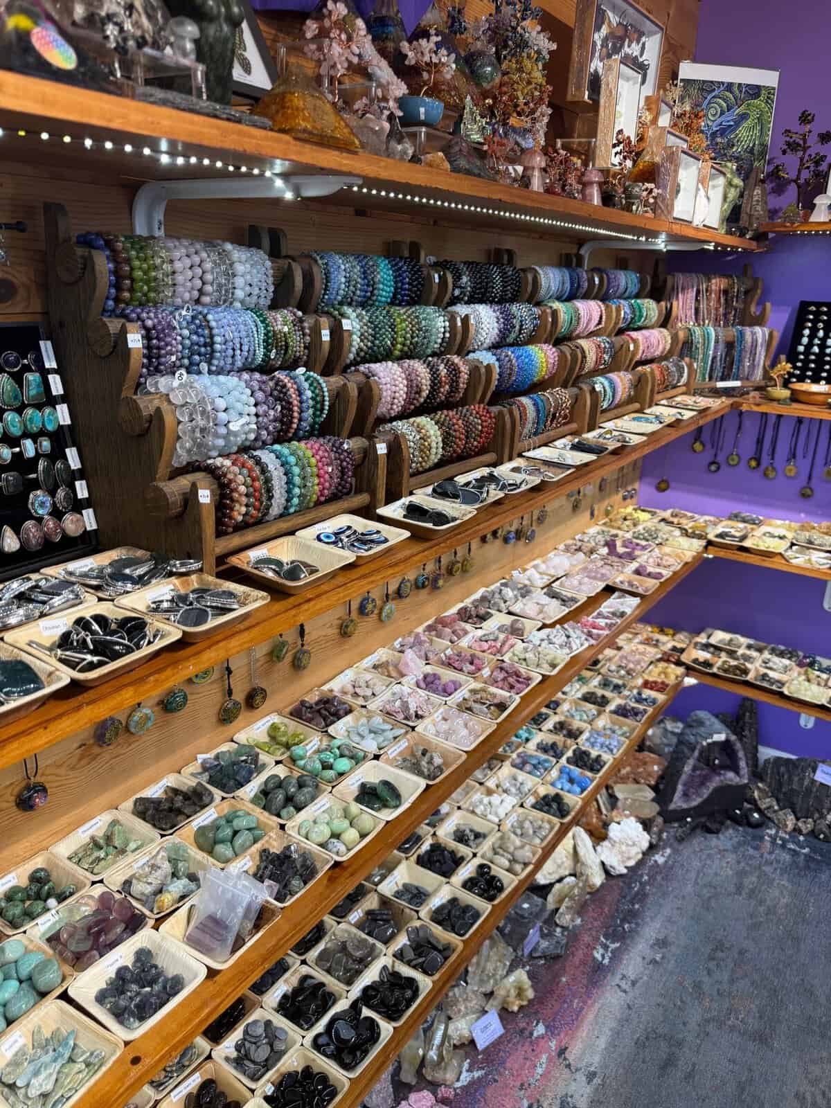 Display cases full of crystals and stones at Shiny Things For Shiny People in Austin