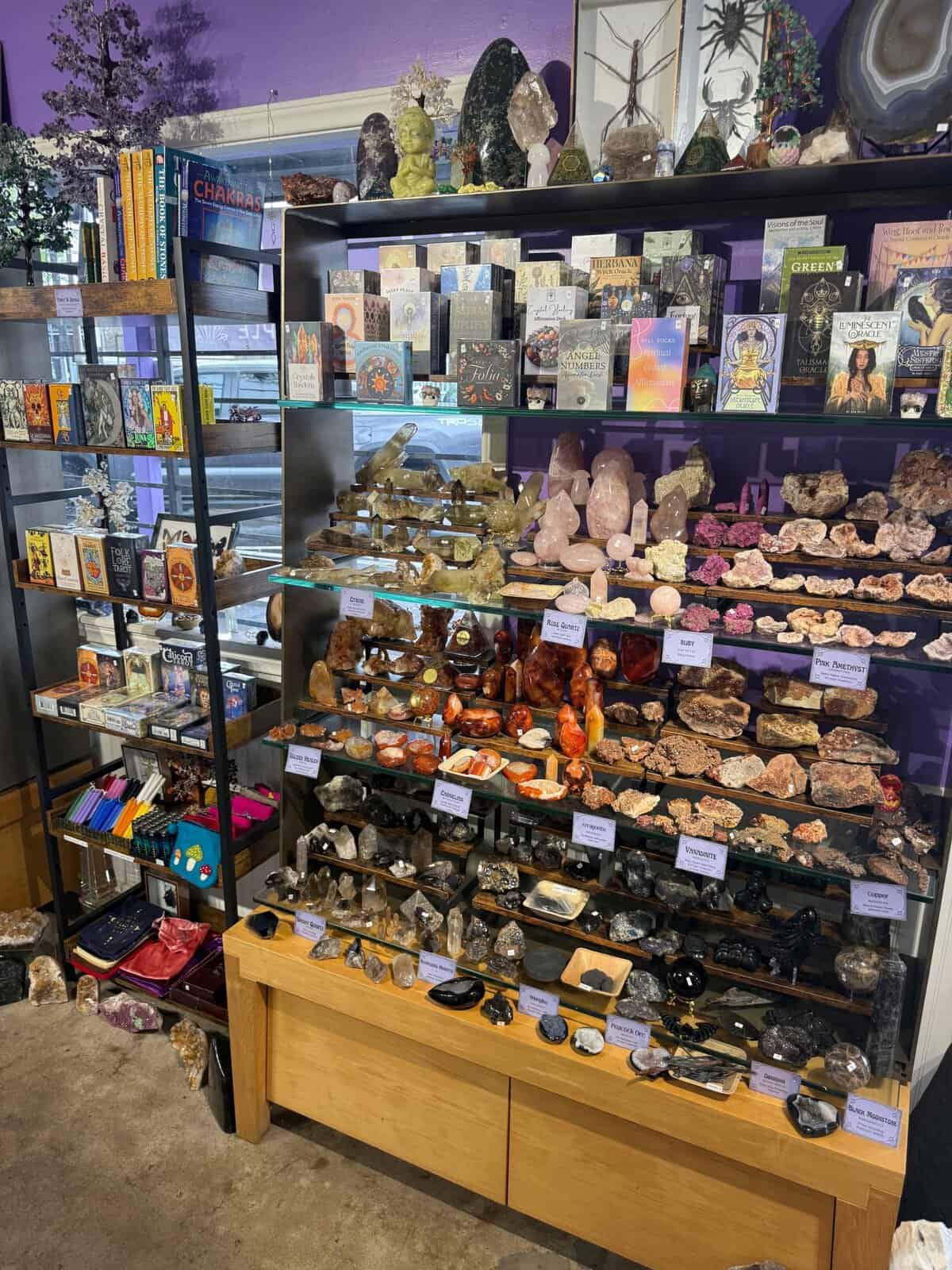 Tall shelves of crystal specimens at Shiny Things For Shiny People in Austin