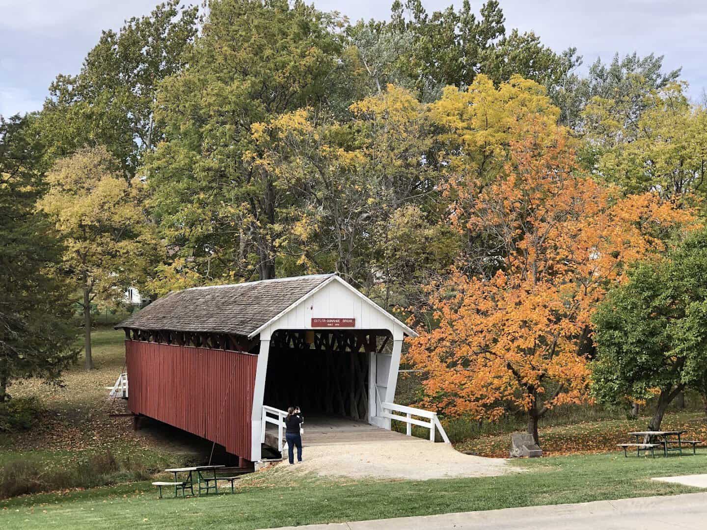 Cutler-Donahoe Covered Bridge in Winterset City Park, Iowa, in fall