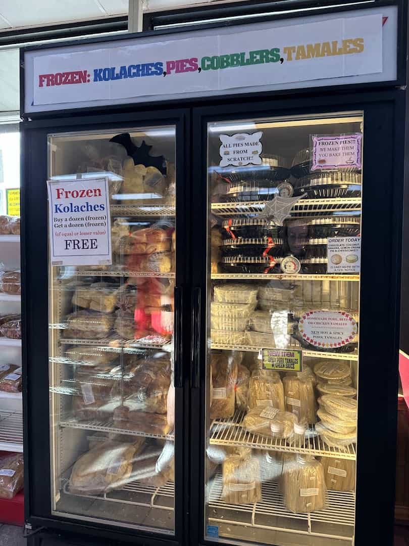 Freezer of frozen kolaches, pies and cobblers at Czech Stop in West, Texas