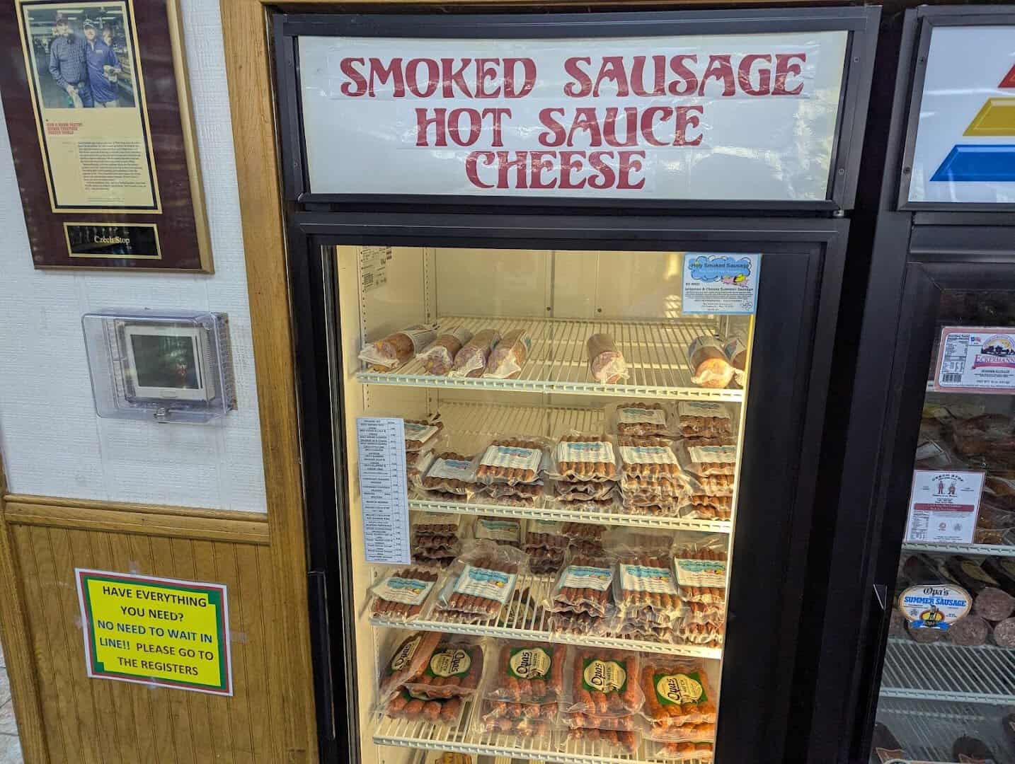 Cooler of smoked sausage at Czech Stop in West, Texas