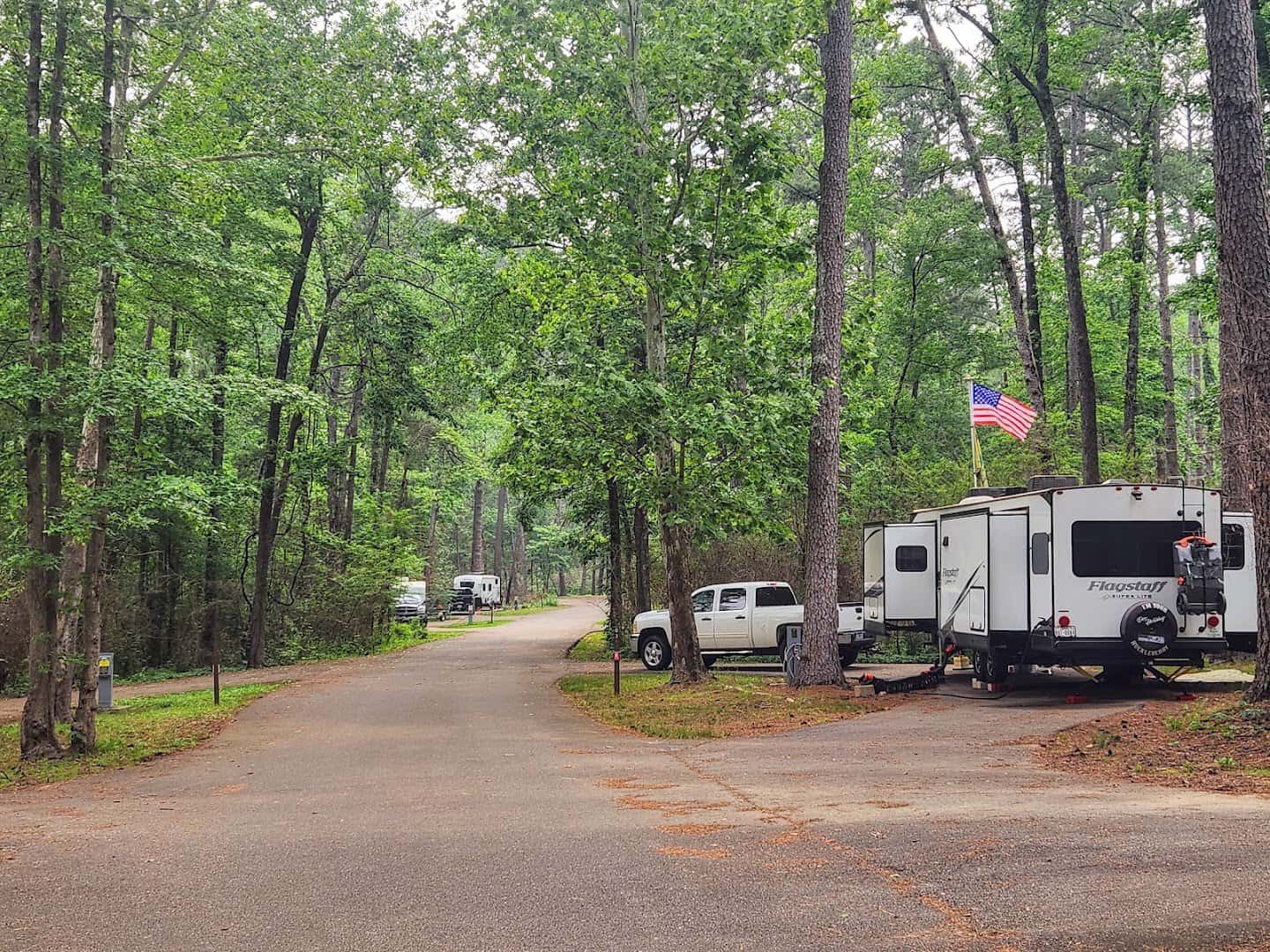 Shaded campsite with RV among the pines at Daingerfield State Park, Texas