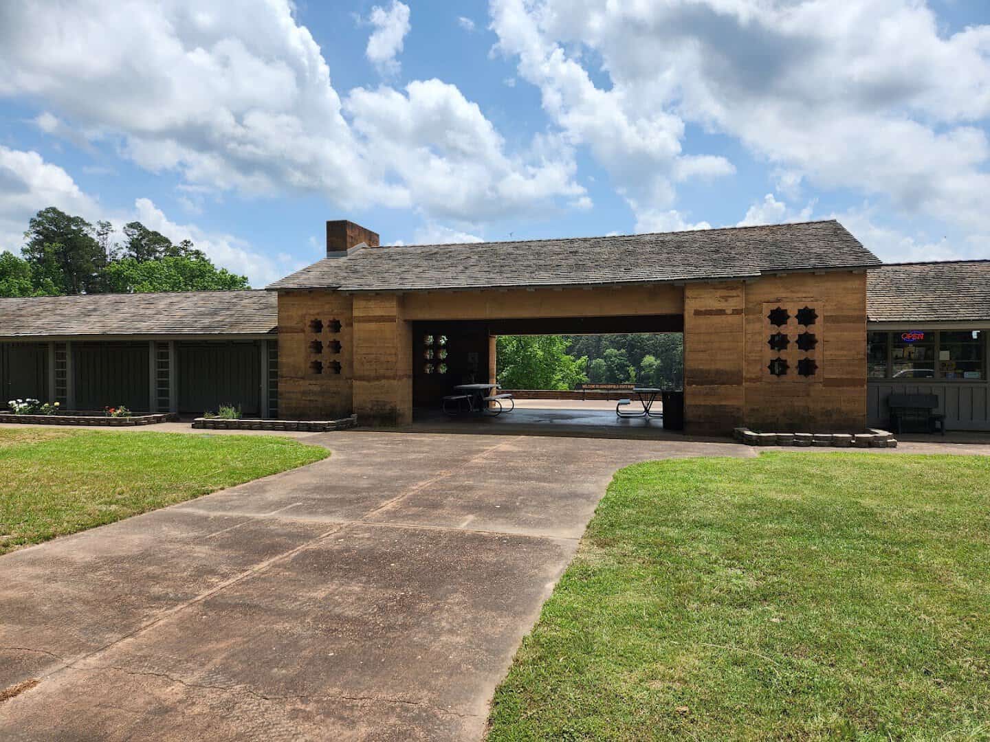 Historic stone and timber CCC-built lodge at Daingerfield State Park, Texas