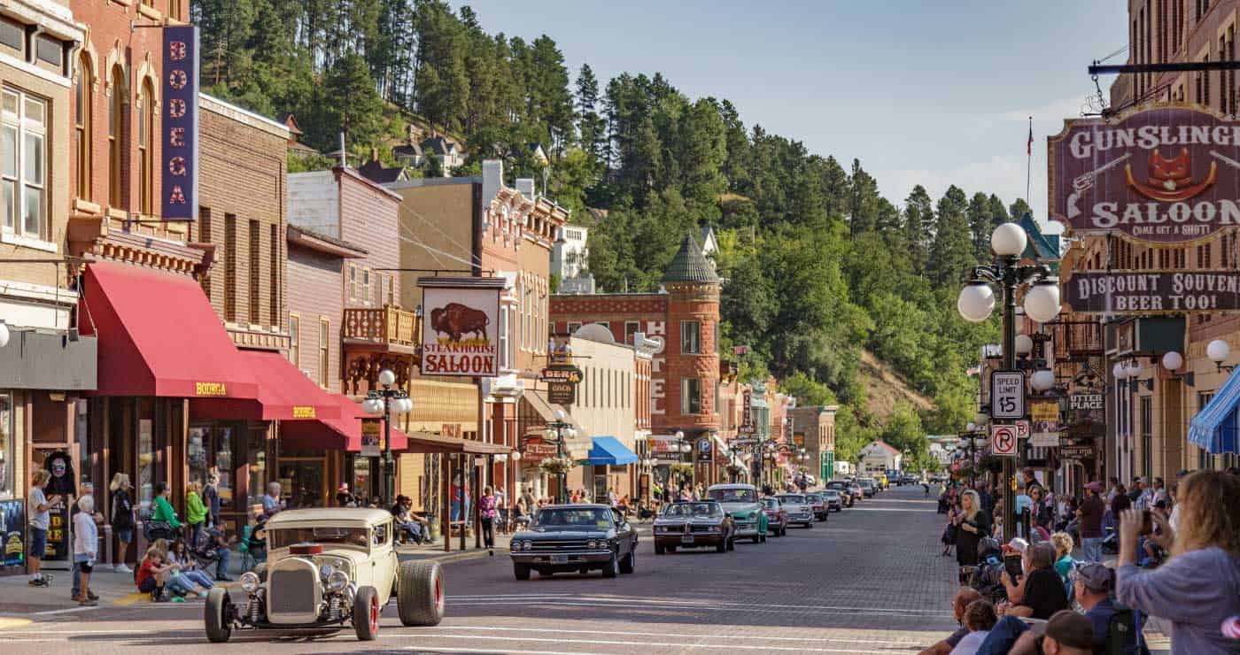 Historic Main Street with false-front saloons in Deadwood, South Dakota