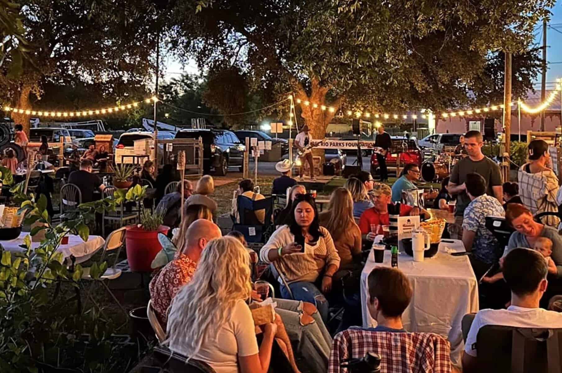 Outdoor evening dining under string lights in Del Rio, Texas