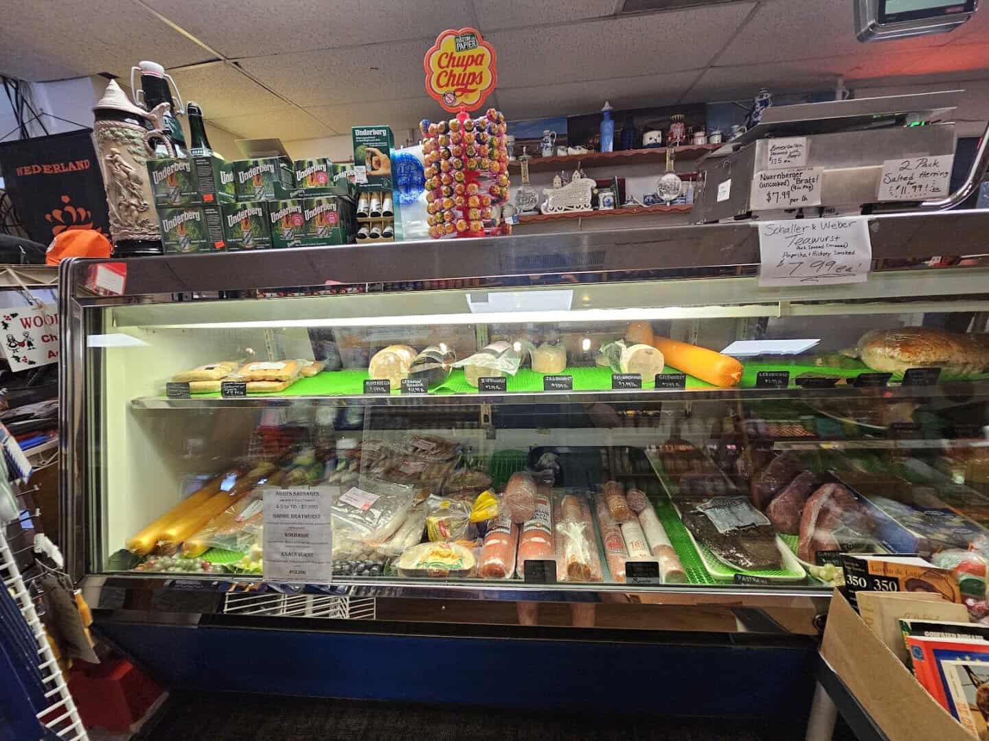 Deli case of hand-made meats and sausage at Henk's European Deli in Dallas