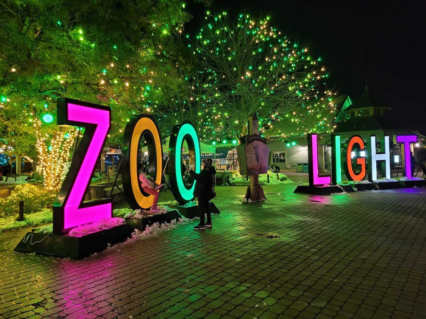 Illuminated Zoo Lights letters glowing at night at Denver Zoo Lights in Denver, Colorado