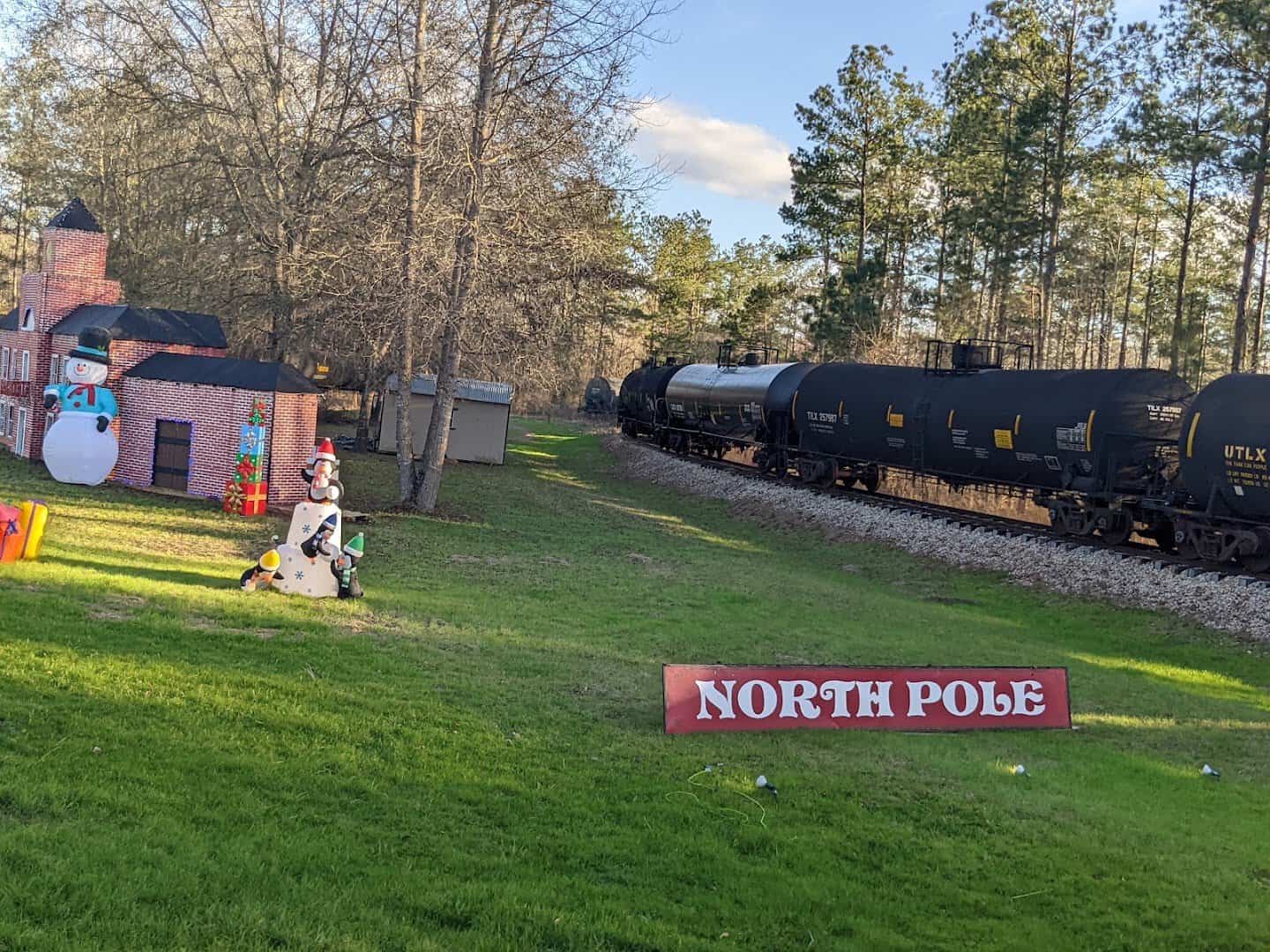 Texas State Railroad depot decorated for the holiday Polar Express