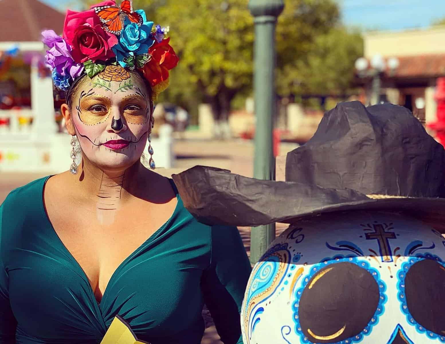 Performer in Catrina makeup at a Dia de los Muertos celebration in Del Rio, Texas