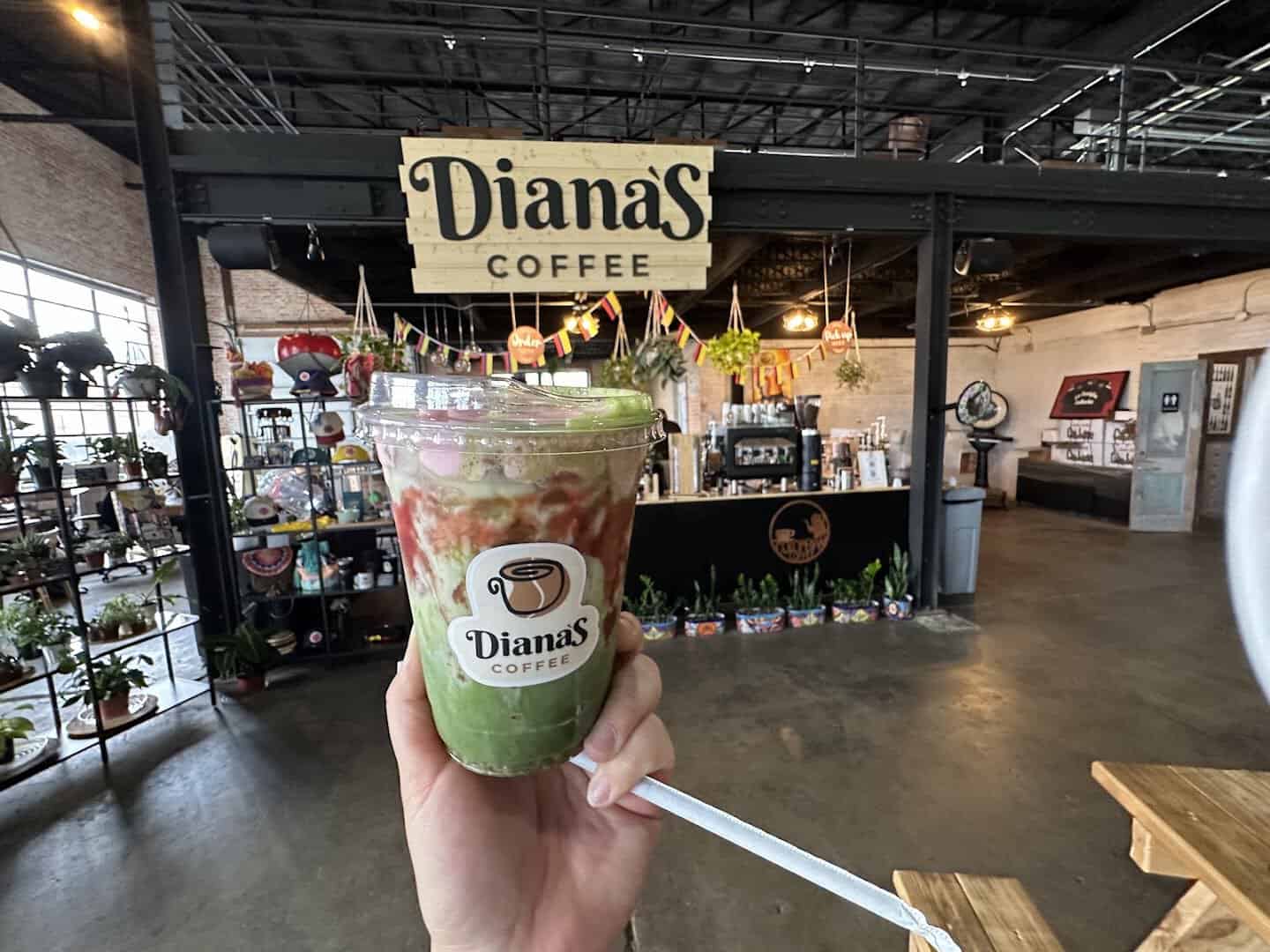 Strawberry matcha drink from Diana's Coffee inside The Cedar Market Ranch in Dallas