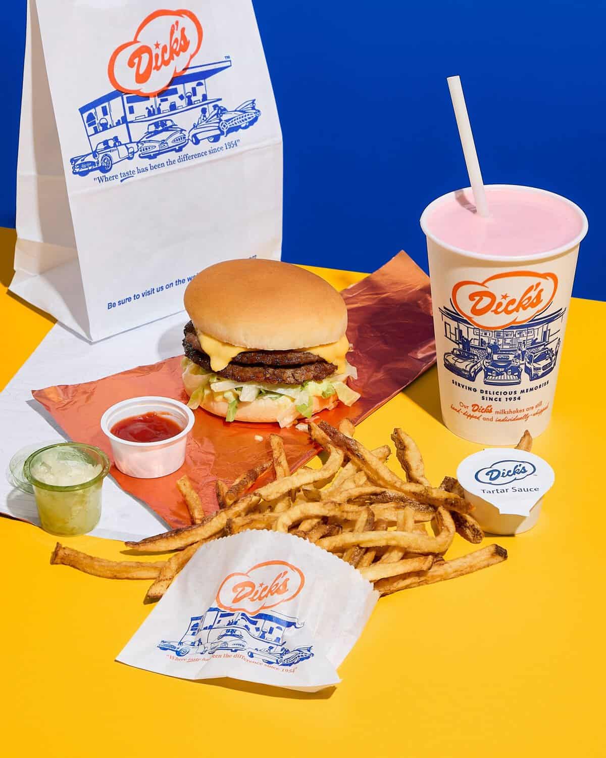 Dick's Drive-In Deluxe burger, fries and shake in Seattle, Washington