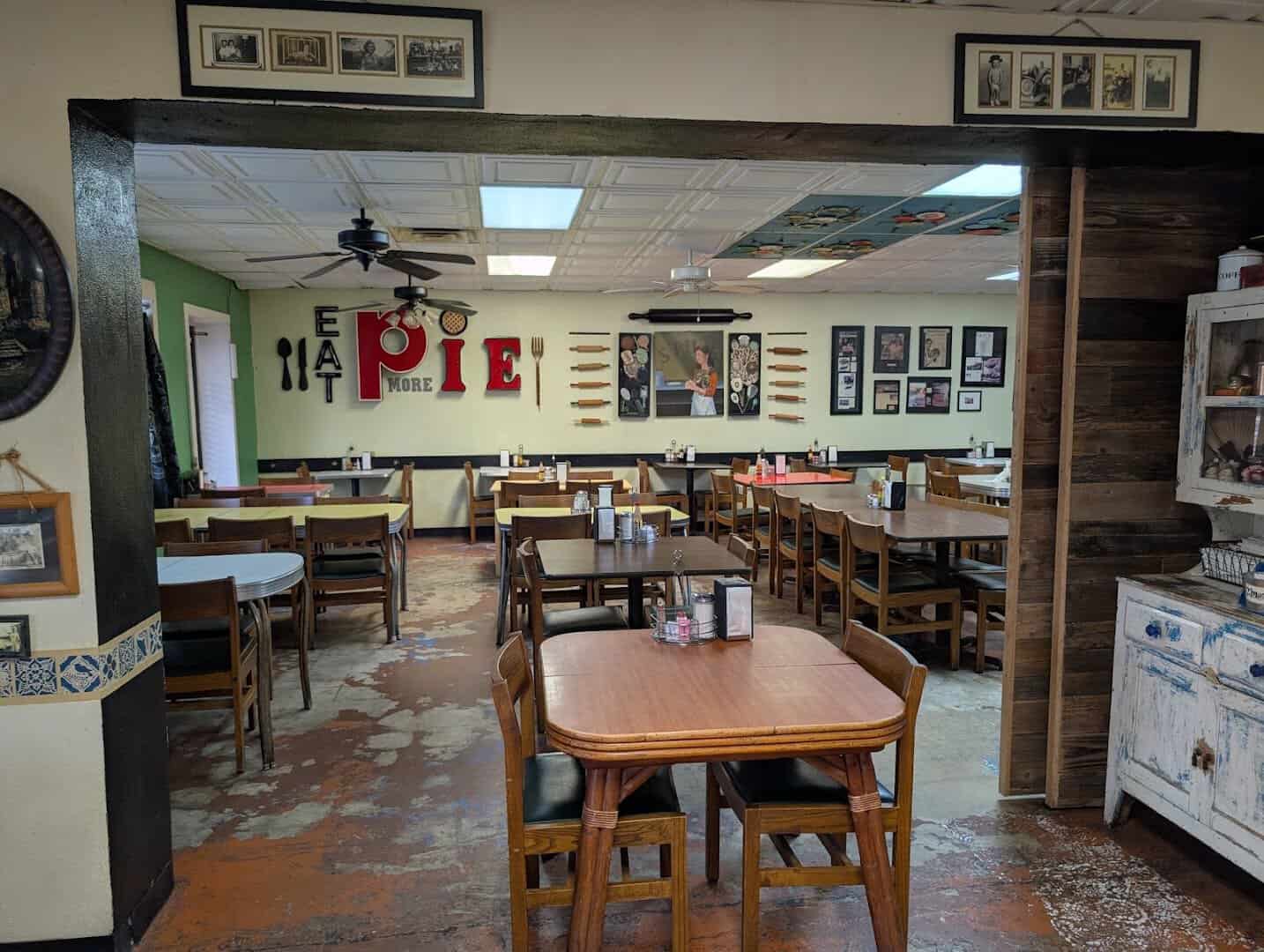 Dining room with wooden tables at Texas Pie Company in Kyle, Texas