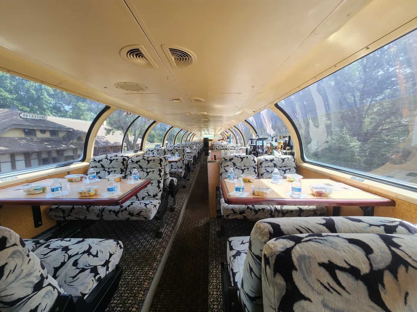 Glass-topped dome car interior on the Texas State Railroad Piney Woods Express
