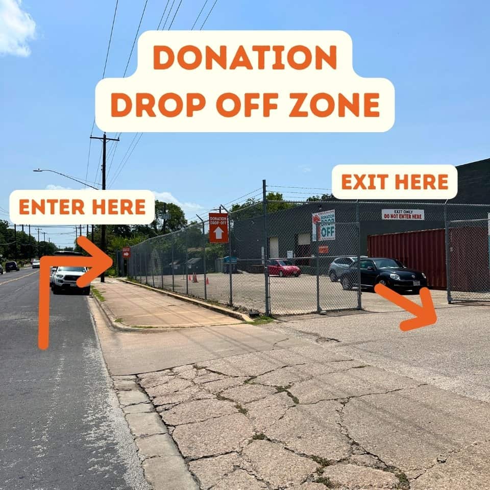Donation drop-off zone sign at Austin Creative Reuse