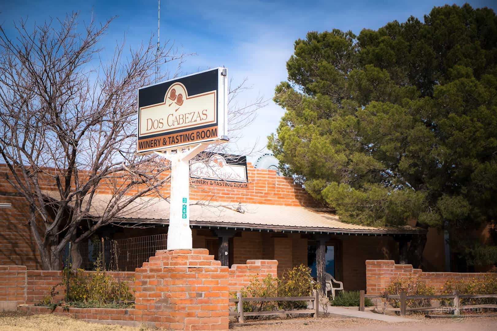Dos Cabezas WineWorks winery building and sign in Sonoita, Arizona