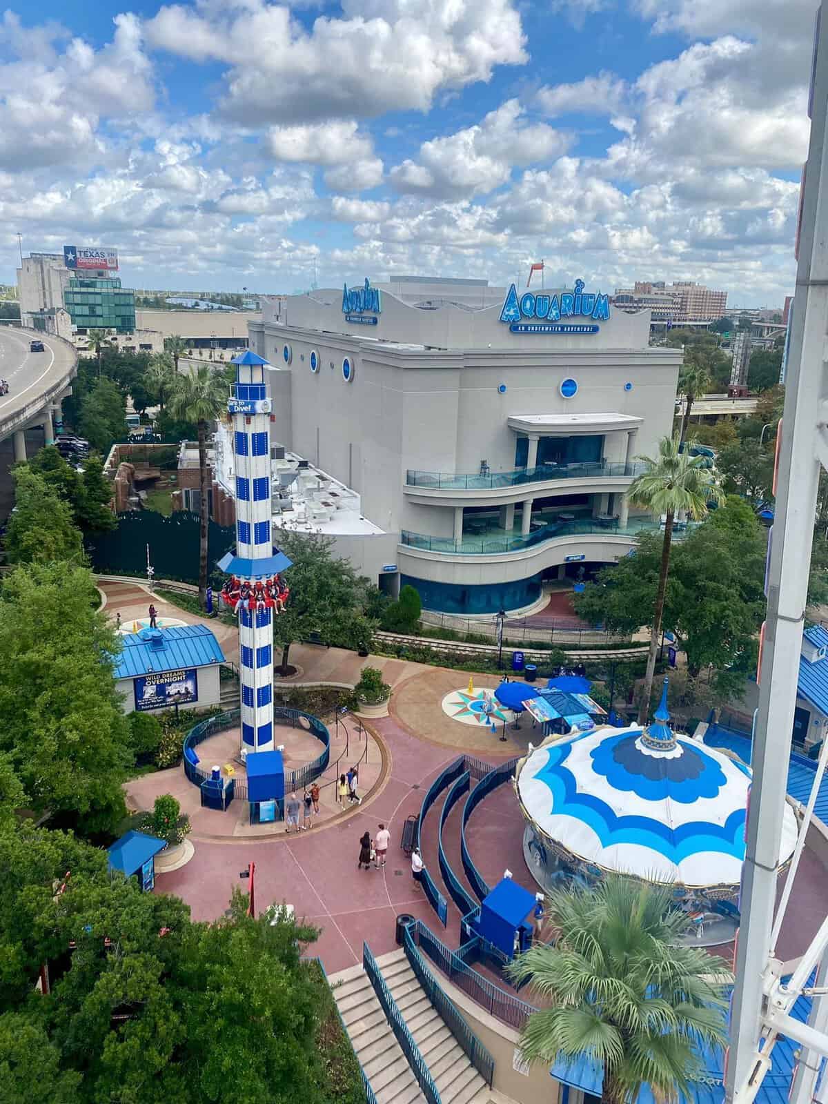 Aerial view of the Downtown Aquarium entertainment complex in Houston
