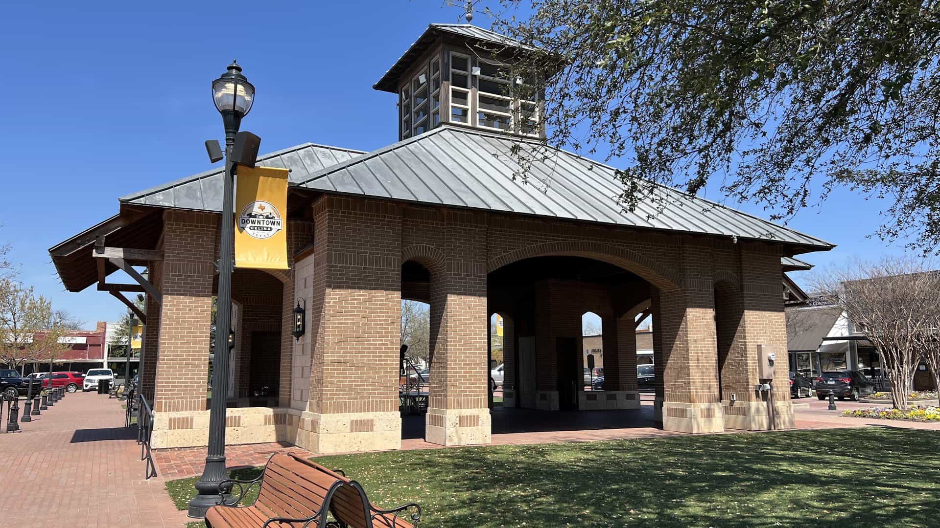 The brick pavilion and Downtown Celina banner on the town square in Celina, Texas