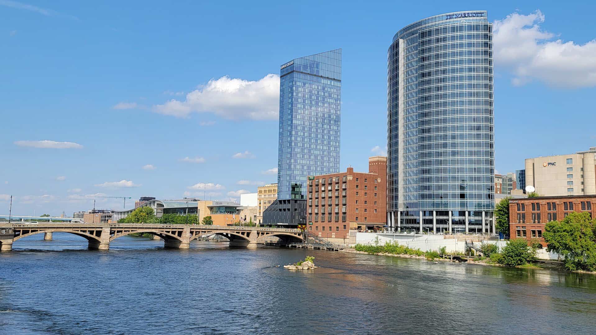 Downtown Grand Rapids skyline along the Grand River in Michigan