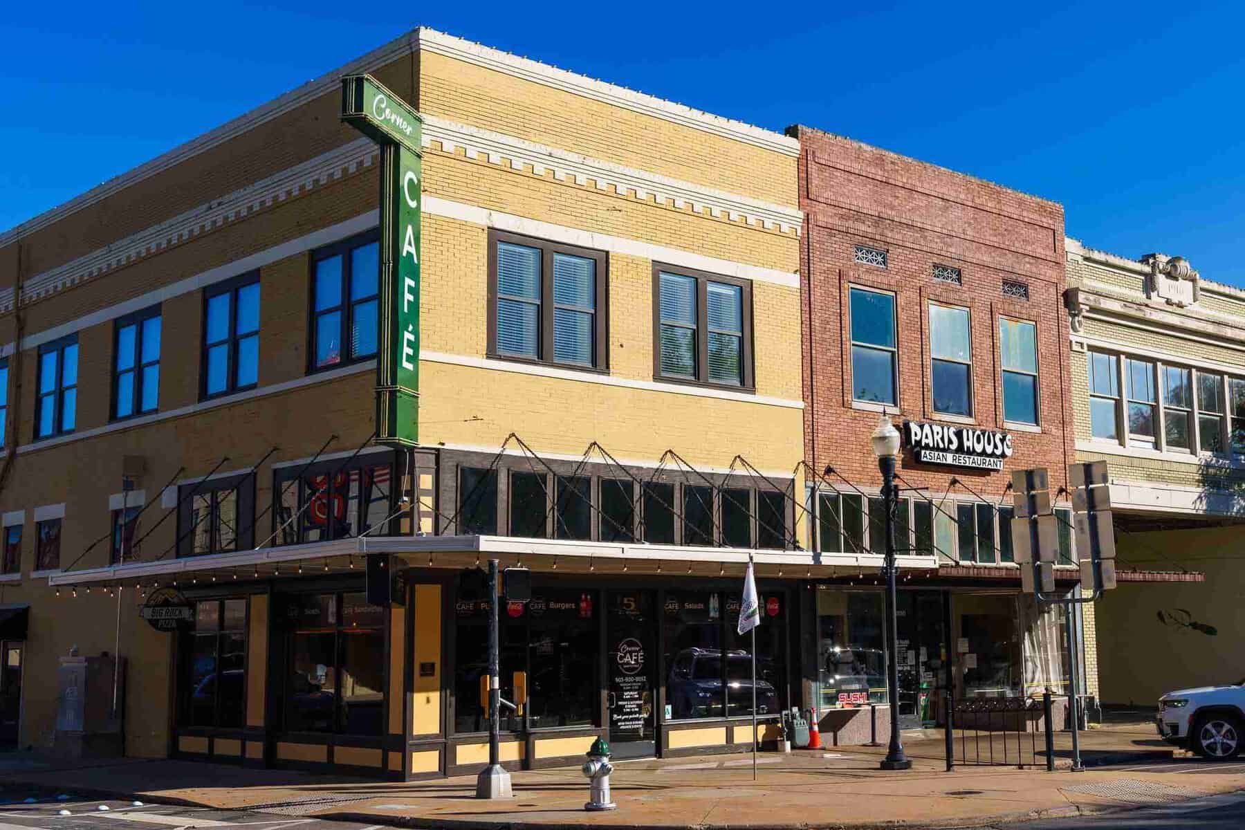 A historic corner storefront in downtown Paris, Texas