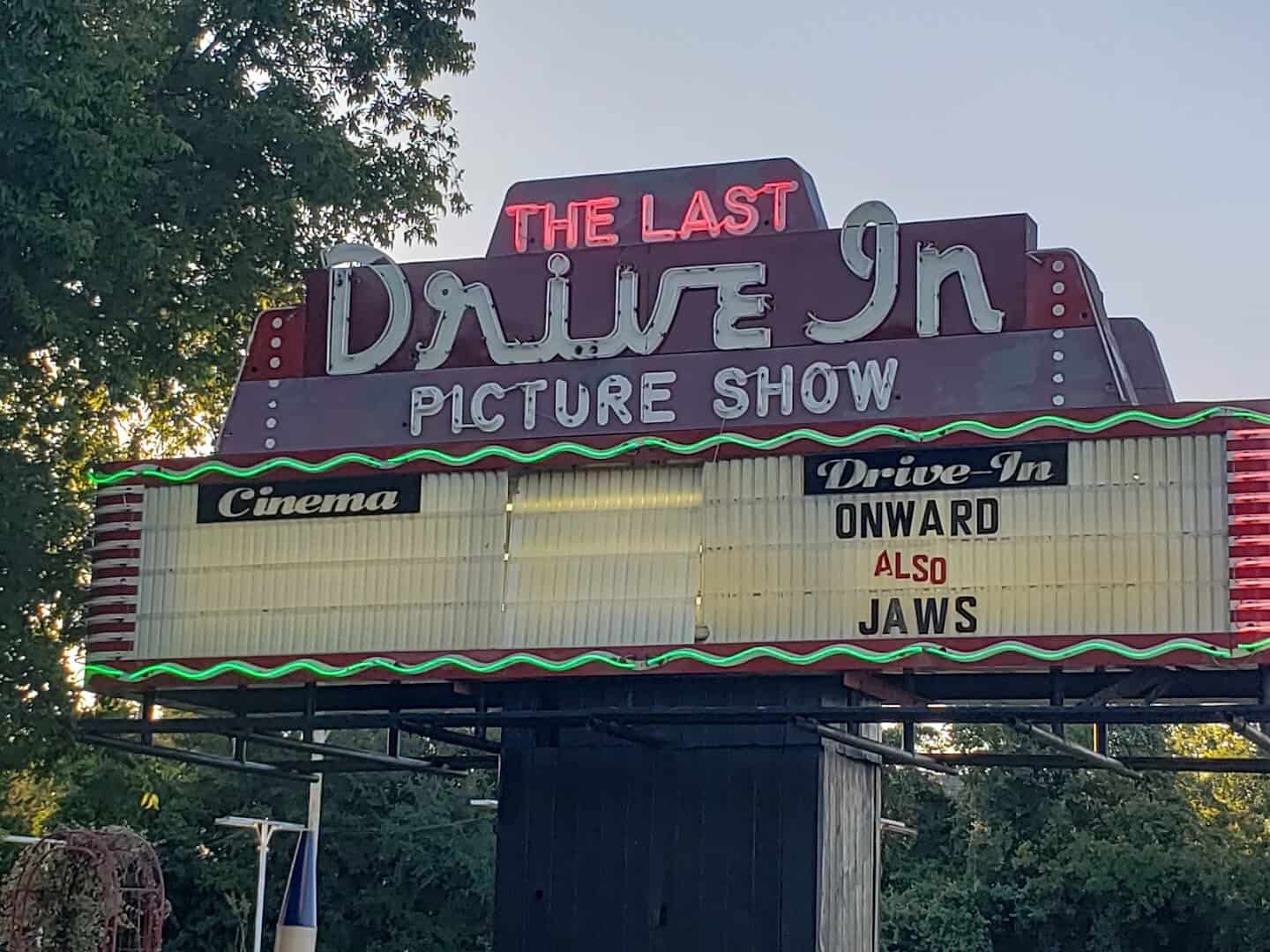 Drive-in marquee listing a double feature at The Last Drive-In Picture Show in Gatesville, Texas