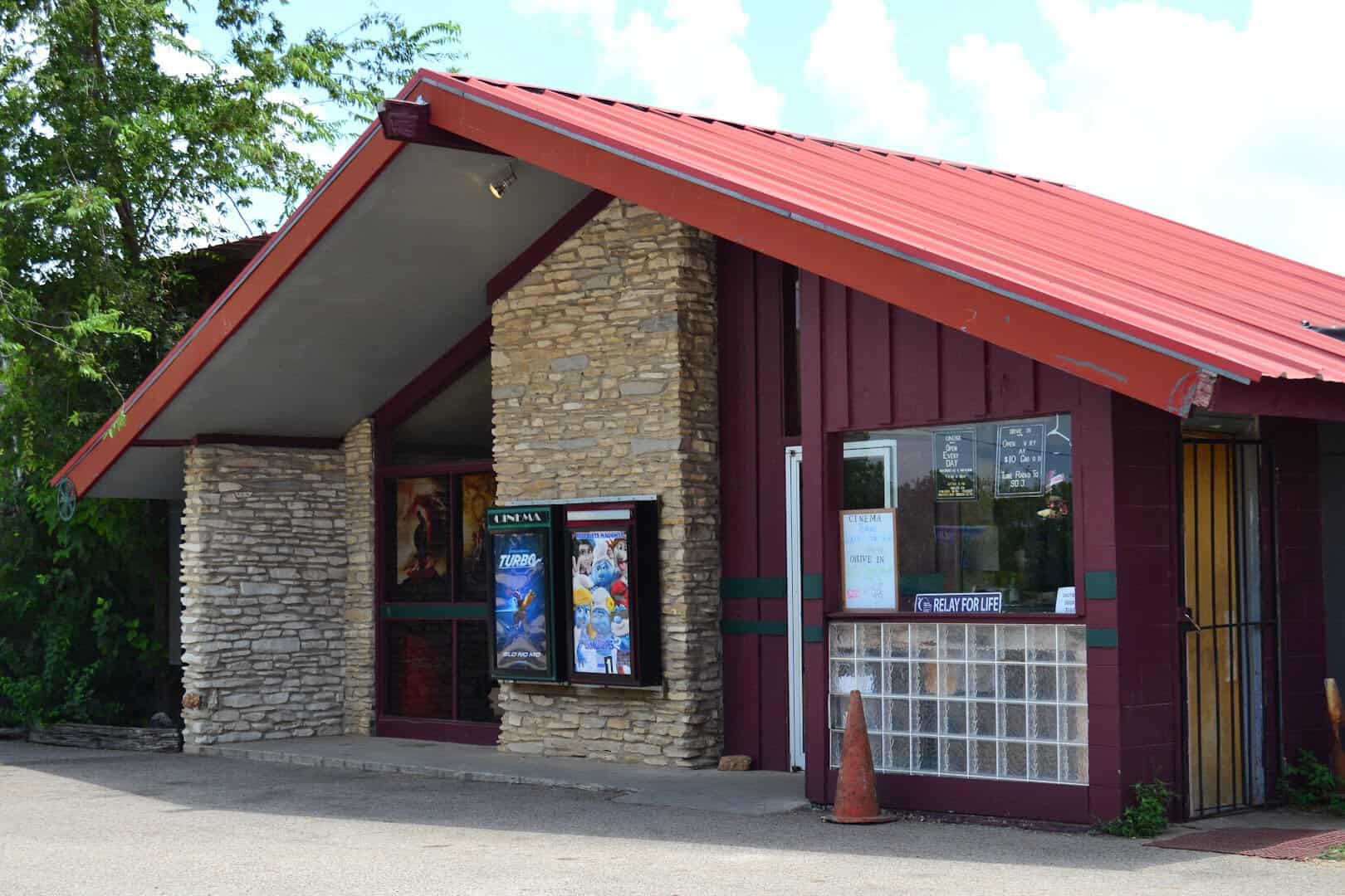 The walk-in indoor cinema building at The Last Drive-In Picture Show in Gatesville, Texas