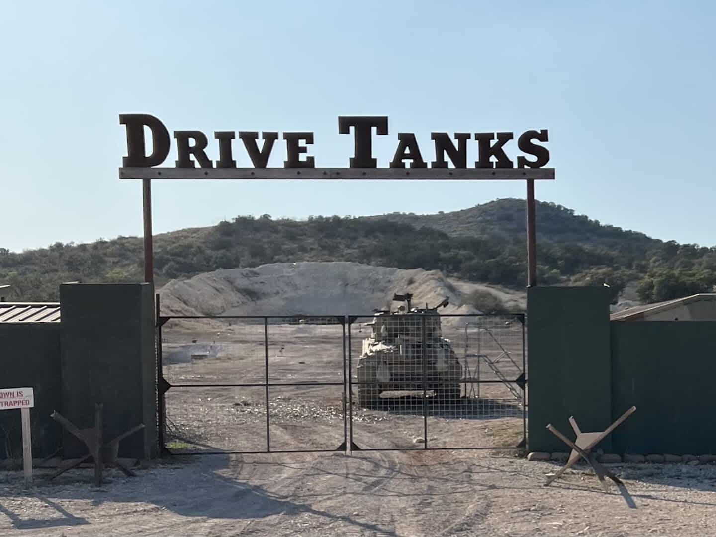 Drive Tanks entrance sign at Ox Ranch near Uvalde, Texas