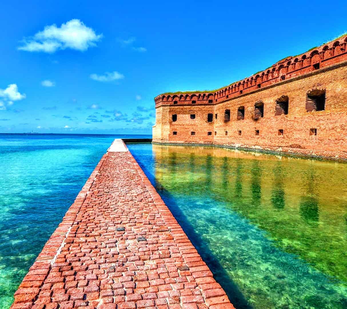 Fort Jefferson moat wall above turquoise water at Dry Tortugas National Park, Florida