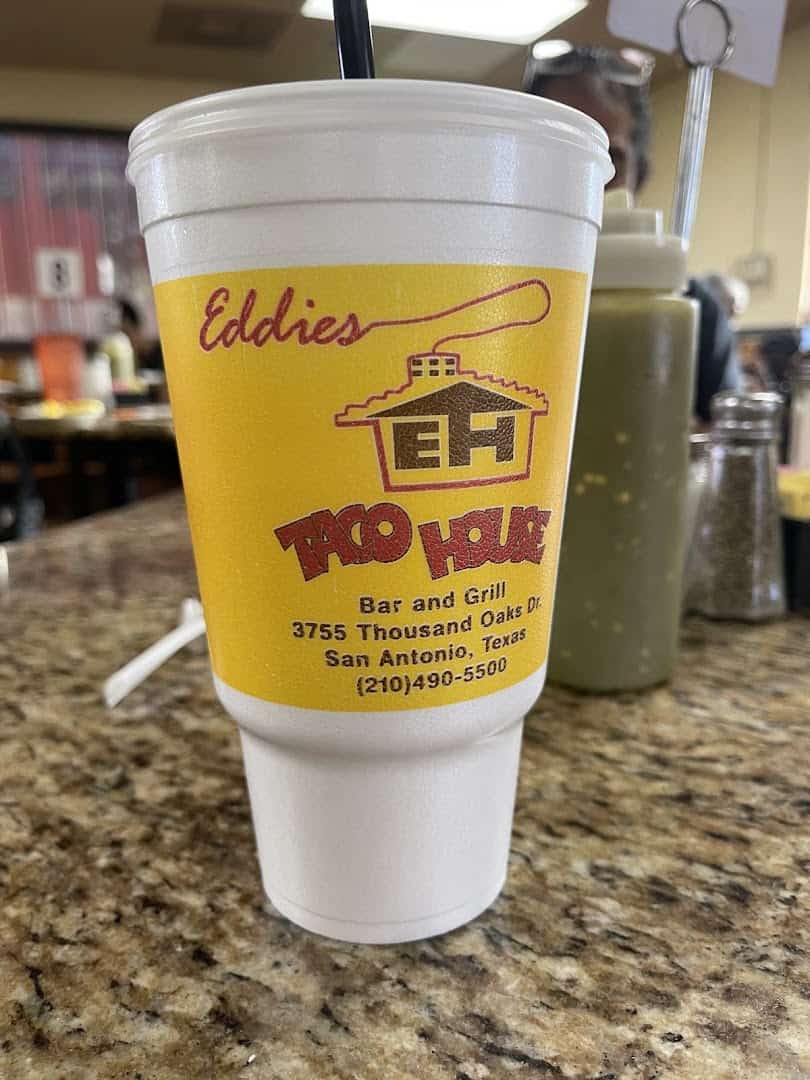 Branded drink cup at Eddie's Taco House in San Antonio