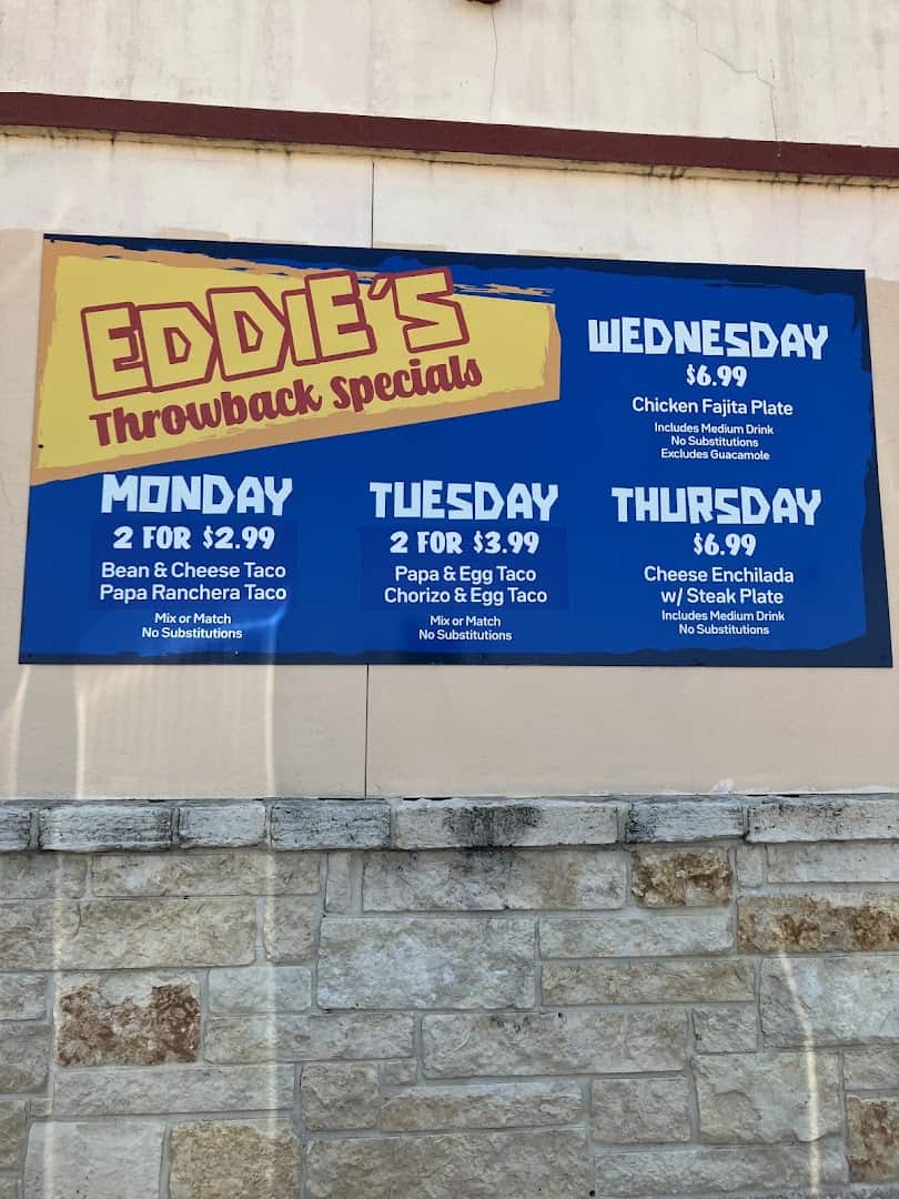 Eddie's Taco House throwback specials board in San Antonio