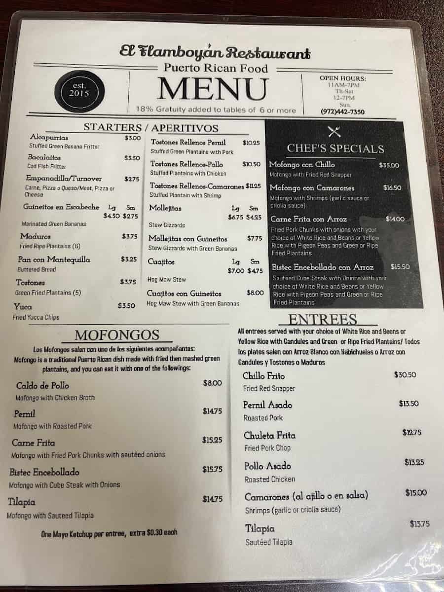 Menu at El Flamboyan Puerto Rican Restaurant in Wylie, Texas