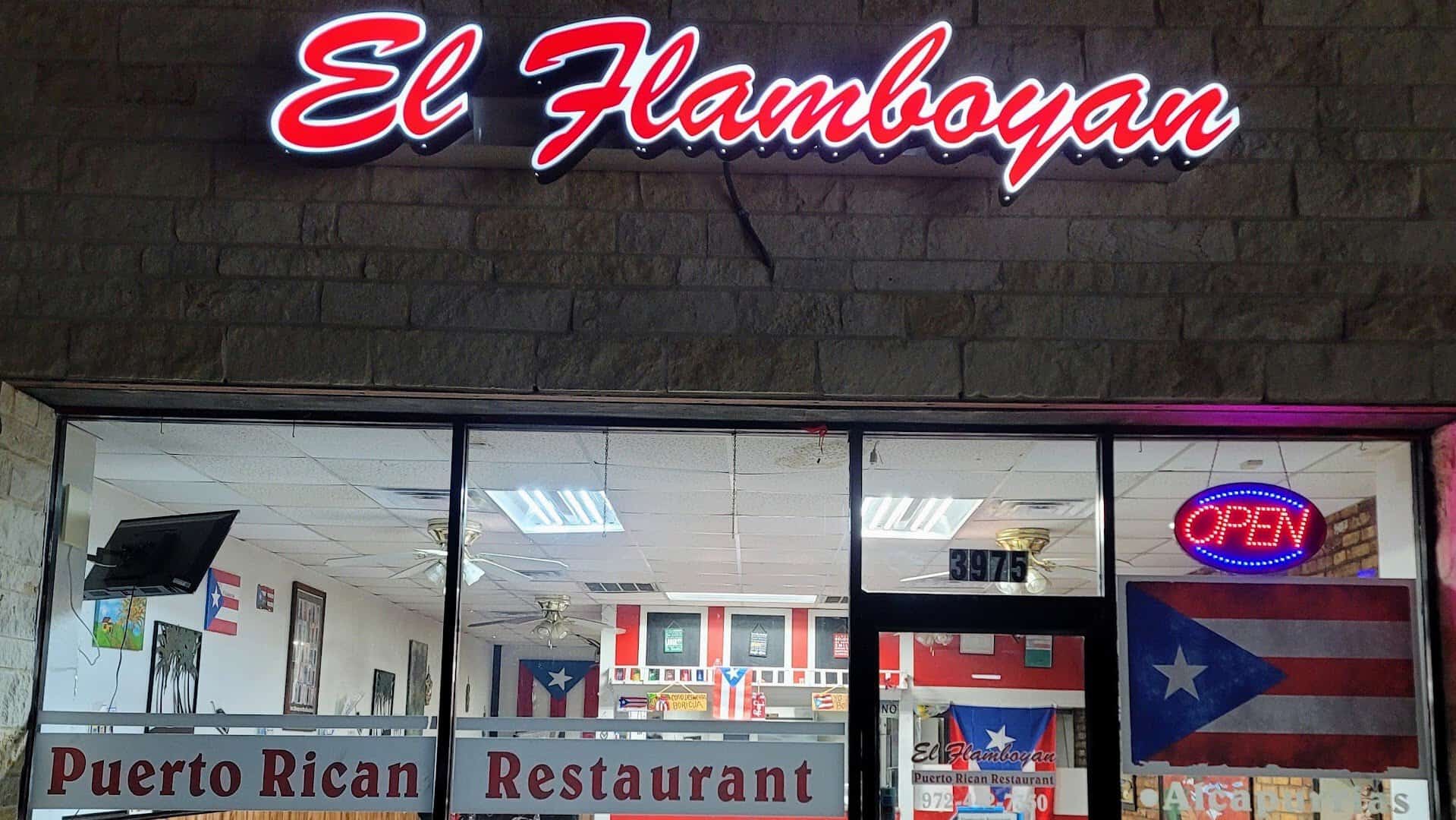 Lit El Flamboyan Puerto Rican Restaurant sign in Wylie, Texas