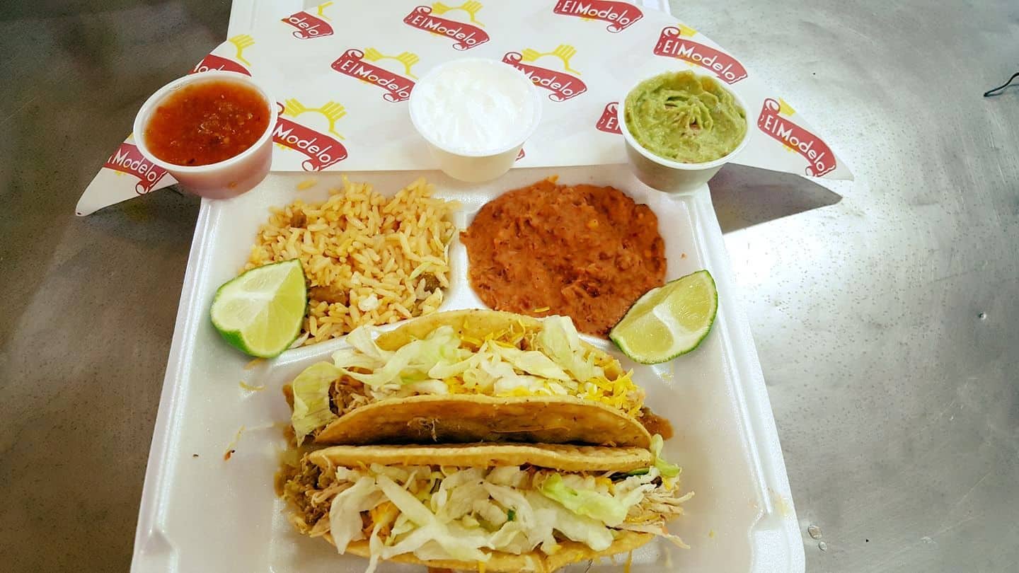 Tacos and rice plate at El Modelo Mexican Foods in Albuquerque, New Mexico