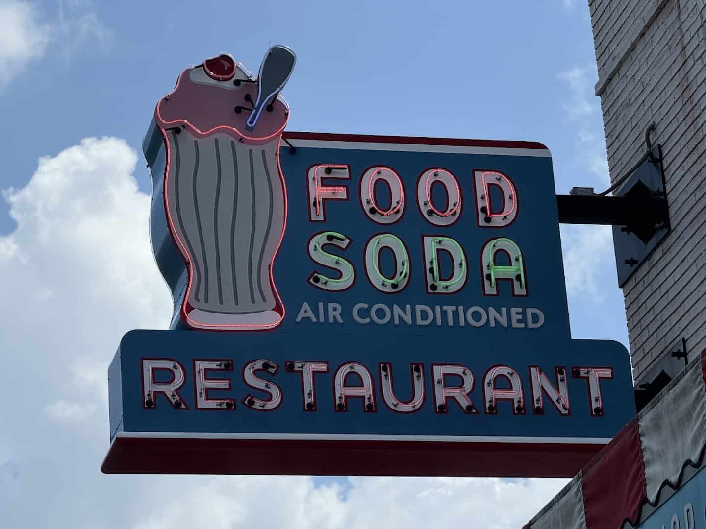 The iconic Food Soda neon sign at Elliston Place Soda Shop in Nashville