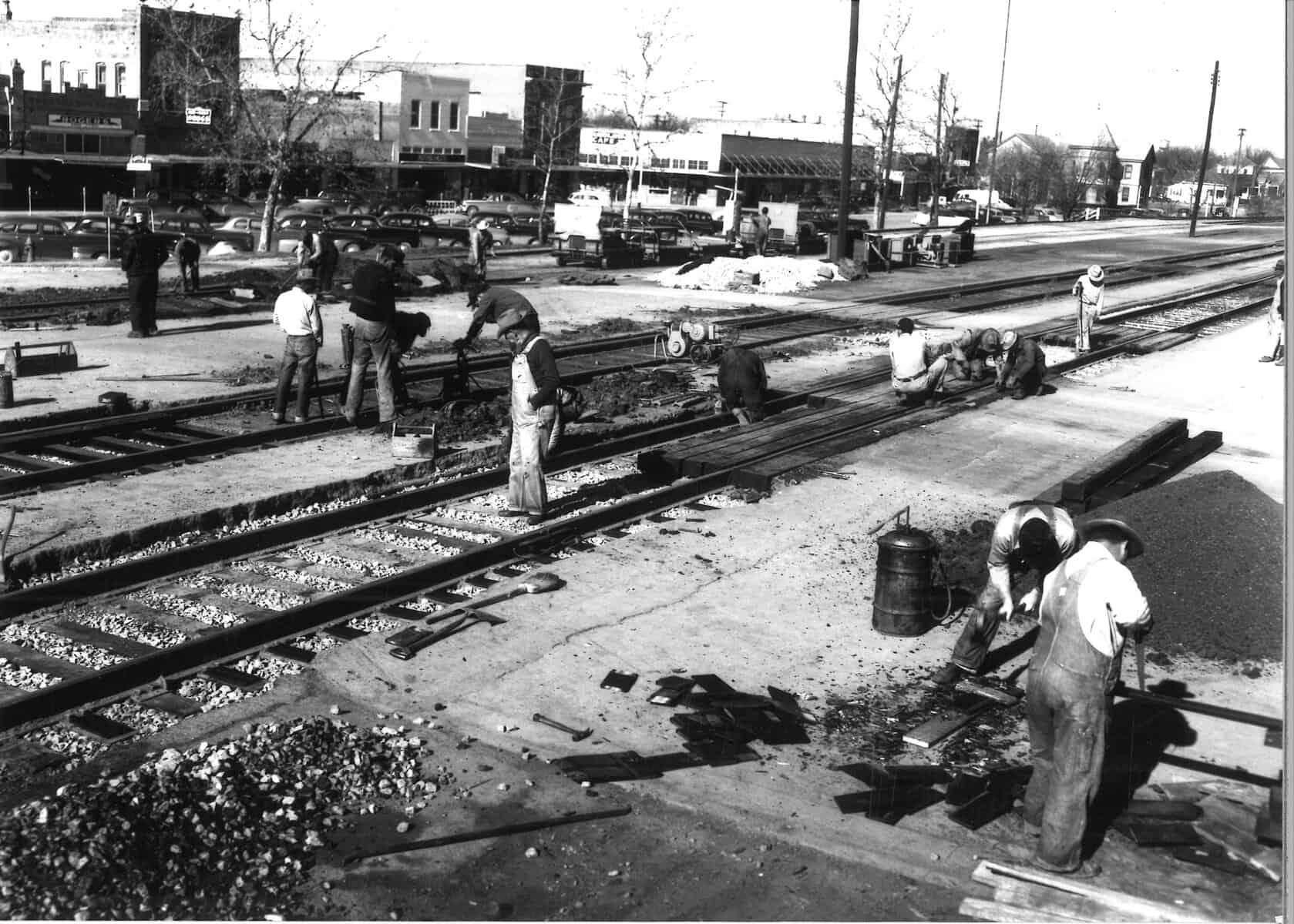 Historic photo of railroad work that built Ennis Texas