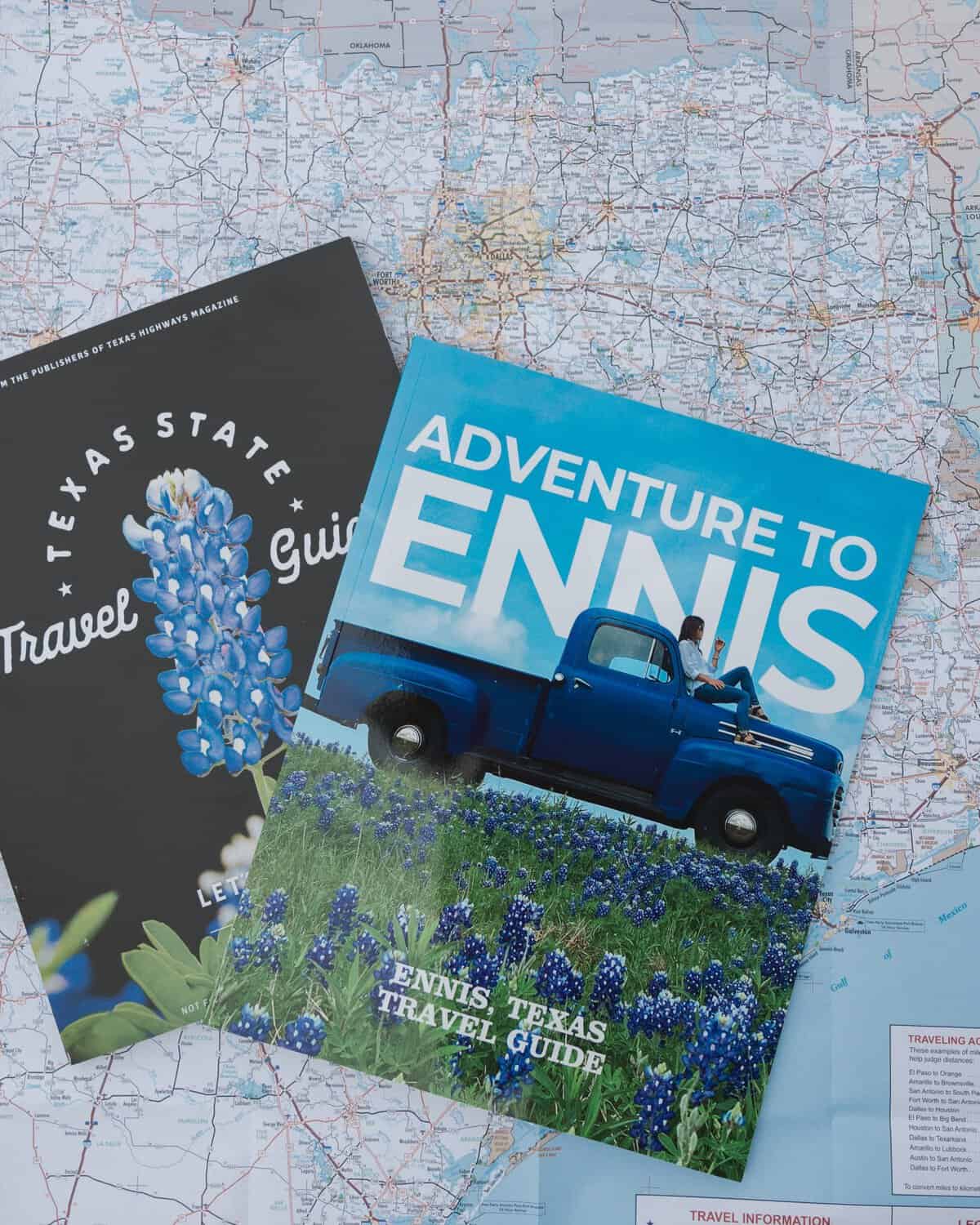 Ennis Texas travel guide and state map with bluebonnets
